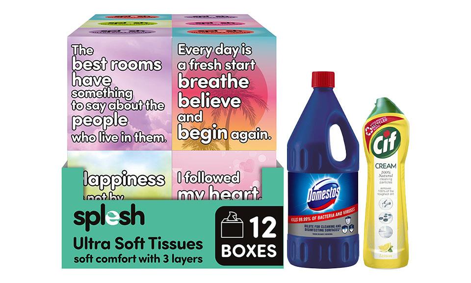 Splesh Tissues 12pk + 2x Cif Lemon 500ml + Domestos Bleach 2L