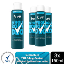 Load image into Gallery viewer, Sure Men Whole Body Deodorant Spray Ocean Rush w/ 72H Odour Control 150ml, 3pk