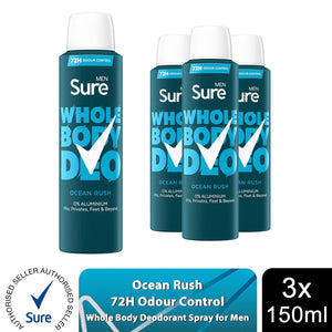 Sure Men Whole Body Deodorant Spray Ocean Rush w/ 72H Odour Control 150ml, 3pk