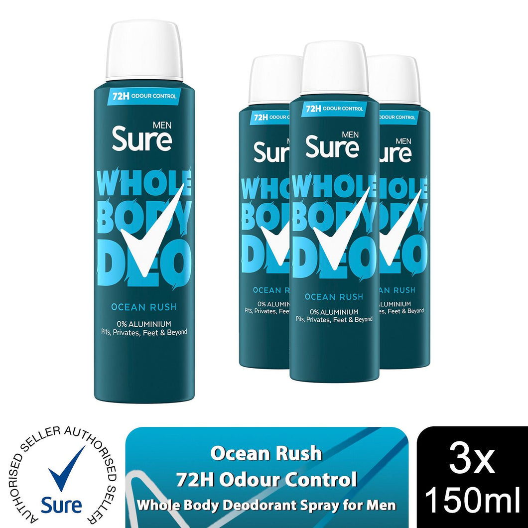 Sure Men Whole Body Deodorant Spray Ocean Rush w/ 72H Odour Control 150ml, 3pk