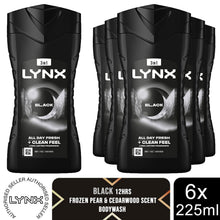 Load image into Gallery viewer, Lynx 12 Hrs Refreshing Black Frozen Pear &amp; Cedarwood Scent Body Wash 225ml, 6Pk