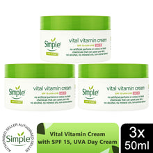 Load image into Gallery viewer, Simple Kind to Skin Day Cream SPF 15 Vital Vitamin for Sensitive Skin 50ml, 3 Pk