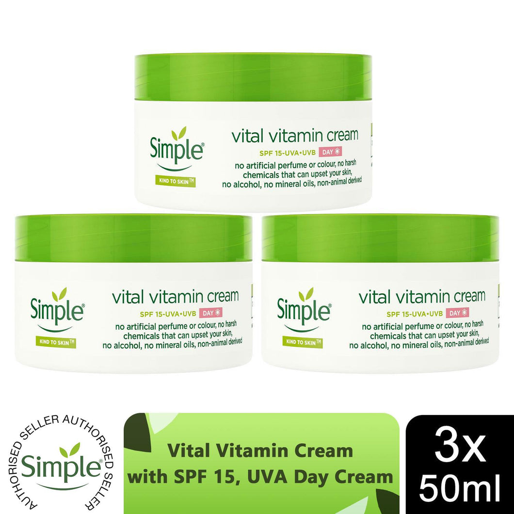 Simple Kind to Skin Day Cream SPF 15 Vital Vitamin for Sensitive Skin 50ml, 3 Pk