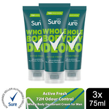 Load image into Gallery viewer, Sure Men Whole Body Deodorant Cream Active Fresh w/ 72H Odour Control 75ml, 3 Pk