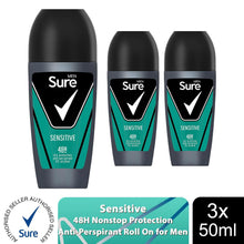 Load image into Gallery viewer, Sure Men Sensitive Antiperspirant Roll On 48H Sweat &amp; Odour Protection, 3x50ml