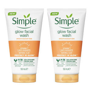 2 Pack of 150ml, Simple Protect & Glow Express Glow Clay Polish Face Wash