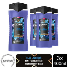 Load image into Gallery viewer, Lynx Blue Lavender Body Wash with 12Hrs of Freshness for Men 400ml, 3 Pack