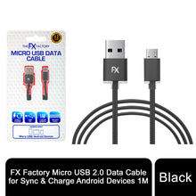 Load image into Gallery viewer, FX Factory Micro USB 2.0 Data Cable for Sync &amp; Charge Android Devices 1M, Black
