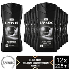 Load image into Gallery viewer, Lynx 12 Hrs Refreshing Black Frozen Pear &amp; Cedarwood Scent Body Wash 225ml, 12Pk