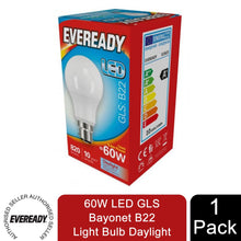 Load image into Gallery viewer, Eveready 60w LED GLS Bayonet B22 Light Bulb Daylight , Pack of 1
