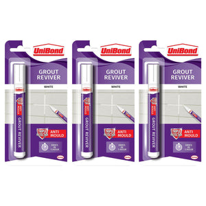 3x Unibond Easy to Use Triple Protection Anti-Mould White Grout Reviver Pen, 7ml