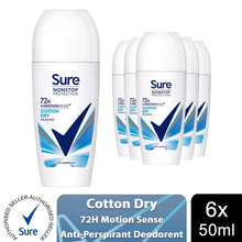Load image into Gallery viewer, 6x Sure Women Motion Sense AP Deodorant Roll-on 72H Nonstop, Cotton Dry, 50ml