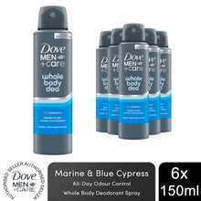 Load image into Gallery viewer, Dove Men+Care Whole Body 72H Odour Deodorant Spray Marine&amp;Blue Cypress 150ml,6pk