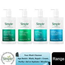 Load image into Gallery viewer, Simple Face Wash Cleanser AgeResist &amp; Repair, PurifyGel &amp; Hydrate Micellar 240ml