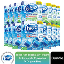 Load image into Gallery viewer, Bloo Toilet Rim Blocks Limescale 2in1 Foam &amp; Original Blue Clean+Fresh 7 Pk