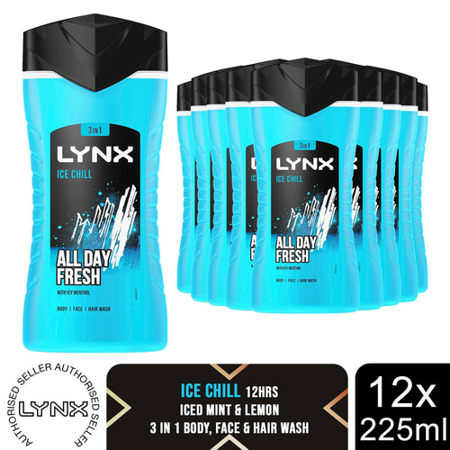 12pk of 225ml Lynx 3-in-1 Ice Chill All Day Fresh with Icy Menthol Body wash