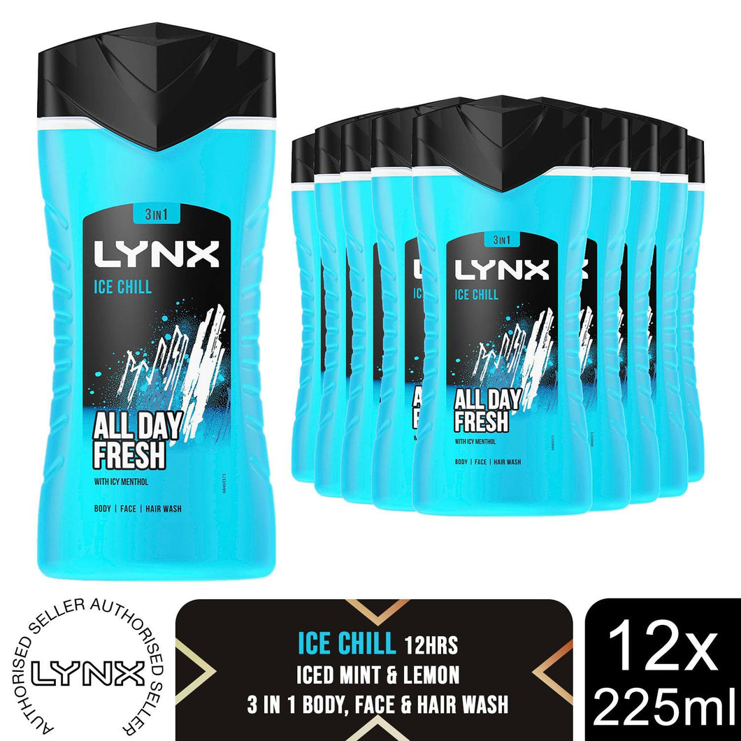 12pk of 225ml Lynx 3-in-1 Ice Chill All Day Fresh with Icy Menthol Body wash