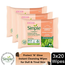 Load image into Gallery viewer, Simple Cleansing Face Wipes 3 Pack Protect N Glow Vitamin C Brightening 25 Wipes