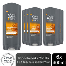 Load image into Gallery viewer, Dove Men+Care 3 in 1 Body, Face &amp; Hair Wash Sandalwood + Vanilla 400ml, 6 Pack