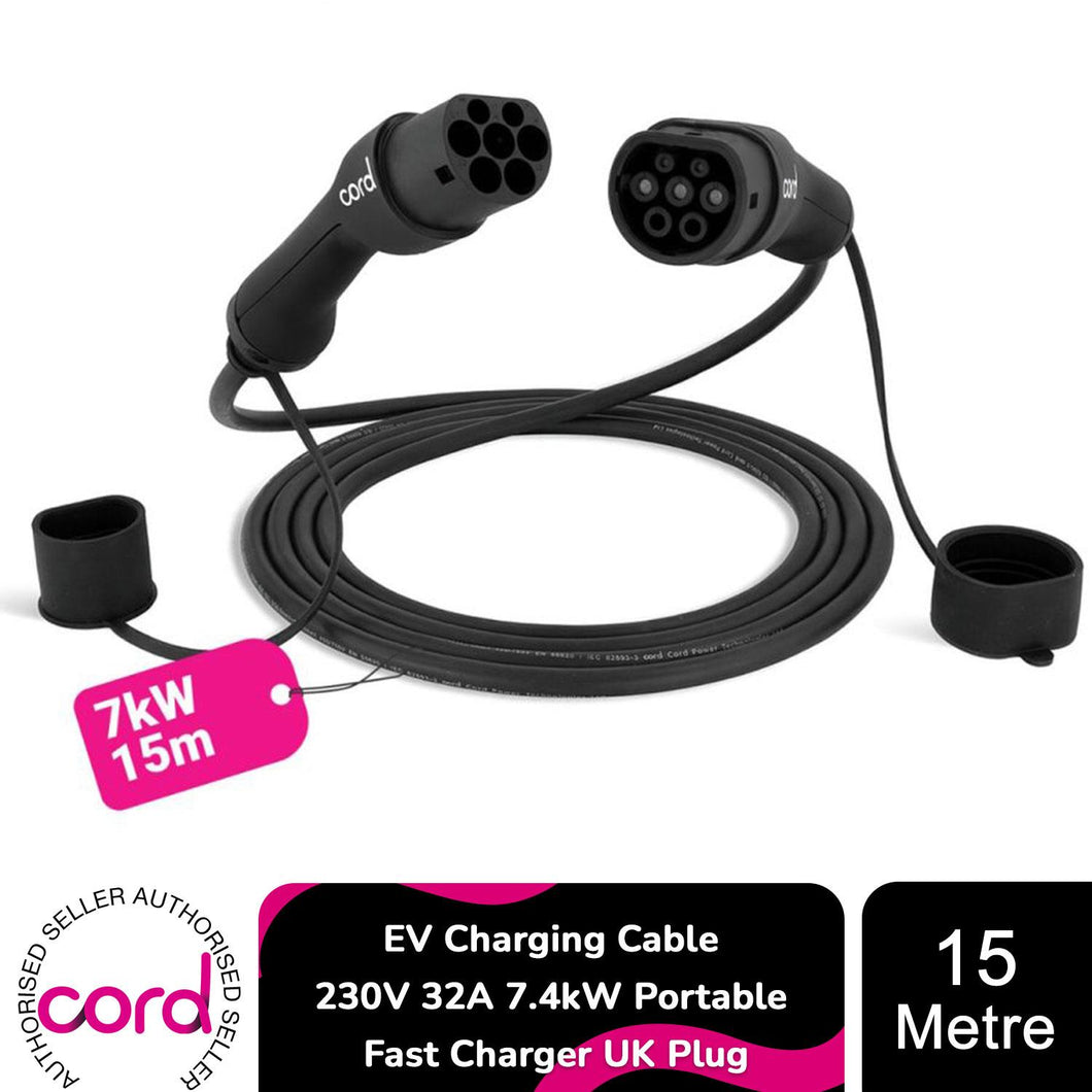 Cord 15m EV Charging Cable 230V 32A 7.4kW Portable Fast Charger UK Plug