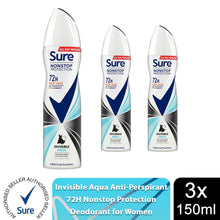 Load image into Gallery viewer, Sure Women Anti-Perspirant 72H Nonstop Protection Deo Invisible Aqua 150ml, 3pk