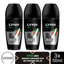 Load image into Gallery viewer, Lynx Africa Anti Perspirant Roll On 48 Hours Anti Sweat Protection 50ml, 3 Pack