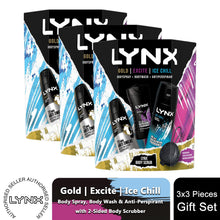Load image into Gallery viewer, Lynx Gold, Excite &amp; Ice Chill Bath &amp; Body 3Pcs Gift Set for Him w/ Body Scrubber