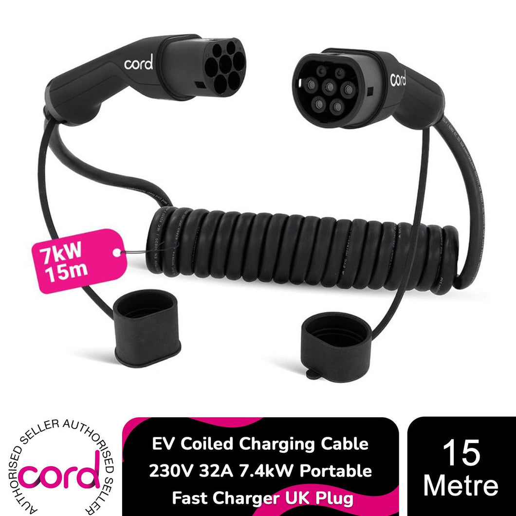 Cord Coiled 15m EV Charging Cable 230V 32A 7.4kW Portable Fast Charger UK Plug