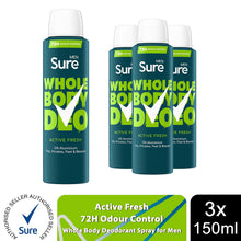 Load image into Gallery viewer, Sure Men Whole Body Deodorant Spray Active Fresh w/ 72H Odour Control 150ml, 3pk