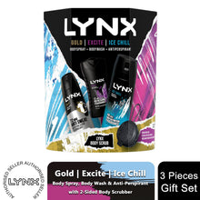 Load image into Gallery viewer, Lynx Gold, Excite &amp; Ice Chill Bath &amp; Body 3Pcs Gift Set for Him w/ Body Scrubber