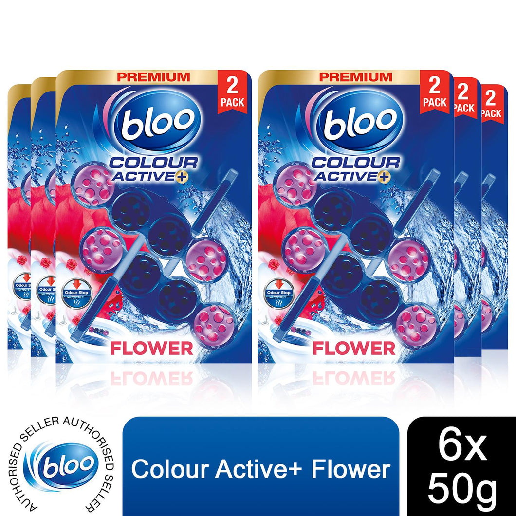 Bloo Toilet Rim Blocks Colour Active+ Flower with Odour Stop Technology, 6 Pack