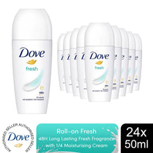 Load image into Gallery viewer, Dove Fresh Roll On AntiPerspirant up to 48H of Sweat &amp; Odour Protection, 24x50ml