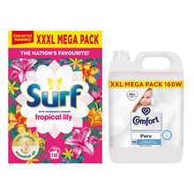 Load image into Gallery viewer, Surf Laundry Powder Tropical Lily &amp; Ylang-Ylang 130 Washes 6.5 KG Washing Powder with Comfort Fabric Softener  Pure XXL Mega Pack Fabric Conditioner 160 Washes 4.8 Litre