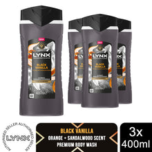Load image into Gallery viewer, Lynx Black Vanilla Body Wash with 12Hrs of Freshness for Men 400ml, 3 Pack