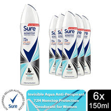 Load image into Gallery viewer, Sure Women Anti-Perspirant 72H Nonstop Protection Deo Invisible Aqua 150ml, 6pk