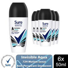 Load image into Gallery viewer, 6x Sure Women Motion Sense AP Deodorant Rollon 72H Nonstop, Invisible Aqua 50ml