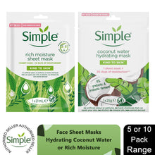 Load image into Gallery viewer, Simple Face Sheet Masks - Hydrating Coconut Water &amp; Rich Moisture, 5 or 10 Pack