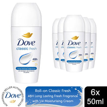 Load image into Gallery viewer, Dove Classic Fresh Roll On Anti-Perspirant Long Lasting Fragrance 50ml, 6 Pack