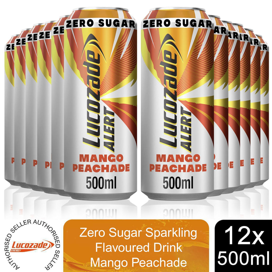 Lucozade Alert Zero Sugar Mango Peachade Sparkling Drink w/ Vitamin B3, 12x500ml