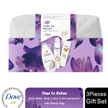 Load image into Gallery viewer, Dove Time To Relax Bath &amp; Body 3 Pcs Gift Set for Her with Beauty Bag