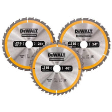 Load image into Gallery viewer, DEWALT DT1962 Construction Circular Saw Blade 3 Pack 216 x 30mm 2 x 24T 1 x 40T
