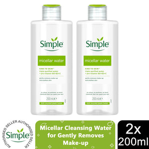 2x 200/400ml Simple Kind to Skin Make-Up Remover Micellar Cleansing Water