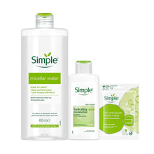 Load image into Gallery viewer, Simple Micellar Water 400ml Moisturiser 125ml &amp; Sheet Mask Bundle