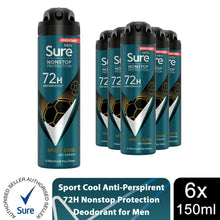 Load image into Gallery viewer, Sure Men Nonstop Protection 72H Anti-Perspirant Deodorant Sport Cool 150ml, 6pk