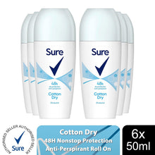 Load image into Gallery viewer, Sure Women Roll On Cotton Dry AntiPerspirant Deodorant 48Hrs Protection, 6x50ml