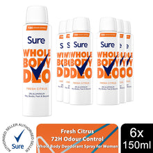 Load image into Gallery viewer, Sure Women Fresh Citrus Whole Body Deodorant Spray Aluminium Free 150ml, 6 Pack