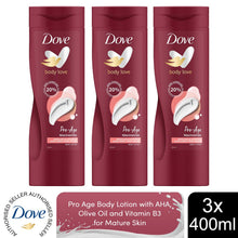 Load image into Gallery viewer, 3 pk Dove Nourishing Pro age Body Lotion with AHA,Olive Oil &amp; VitaminB3, 3pk of 400ml