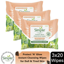 Load image into Gallery viewer, Simple Protect 'N' Glow Instant Cleansing Wipes for Dull &amp; Tired Skin, 3 or 6 Pk