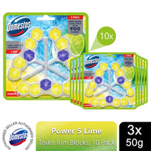 Load image into Gallery viewer, Domestos Power 5 Toilet Rim Blocks Lime Lasting Freshness 50g, 10pk (30 Blocks)