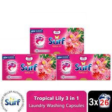 Load image into Gallery viewer, Surf 3 in 1 Laundry Washing Detergent Capsules Tropical Lily, 26 Washes, Pack of 3